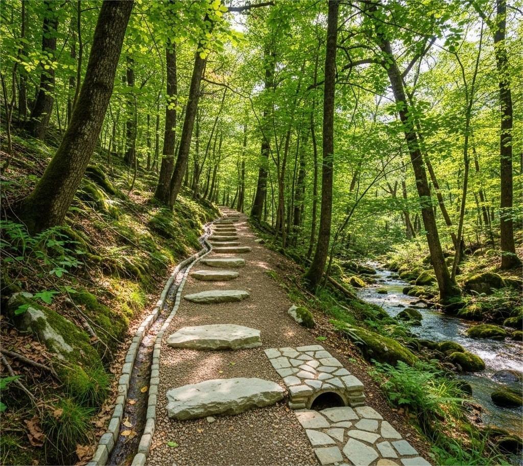 Stone-stepped hiking path beside a Hill Country stream
